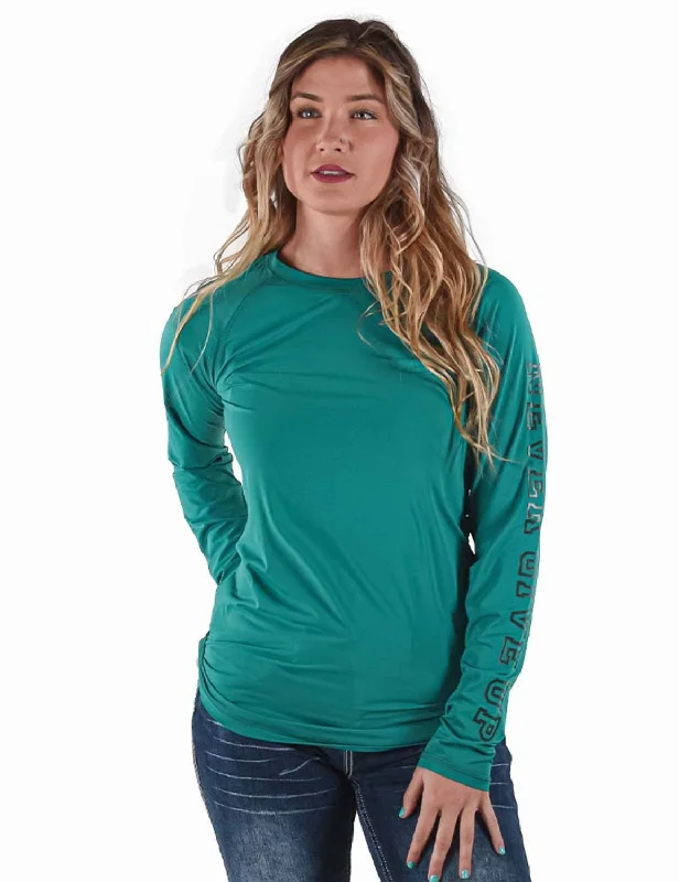Cowgirl Tuff Womens Breathe Instant Baseball Jade Nylon L/S T-Shirt-- Asymmetrical Pockets Print