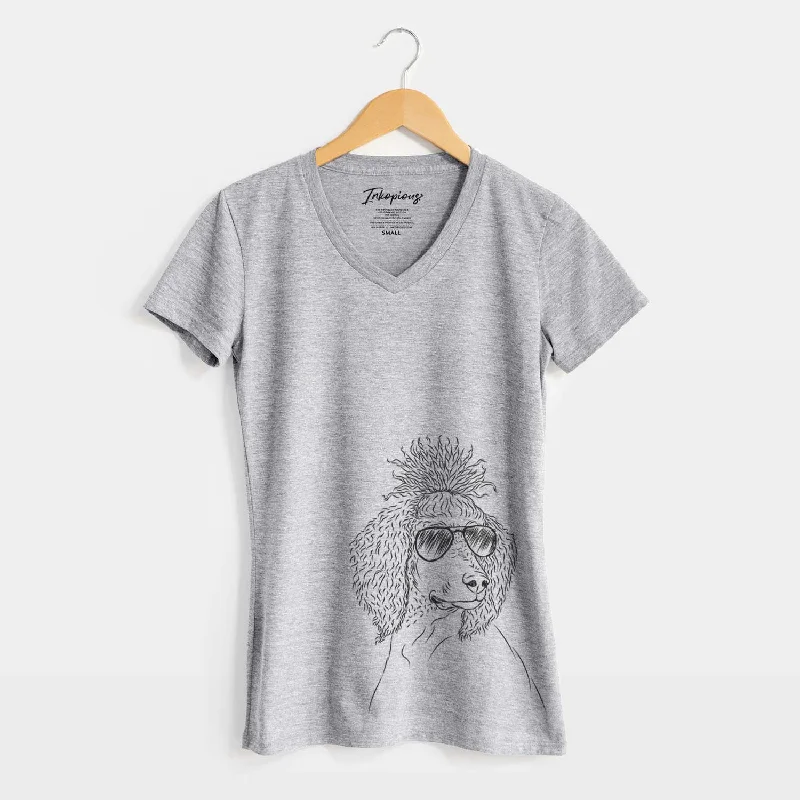 Aviator Leo the Poodle - Women's V-neck Shirt-- Front Pockets Side Pockets Patch Pockets