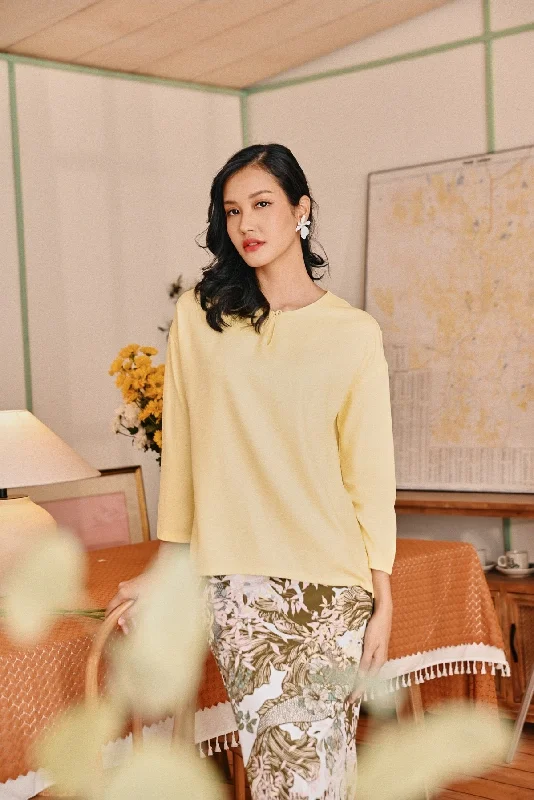 The Lembah Women Suria Blouse - Light Yellow Elegant Embroidery Blouse