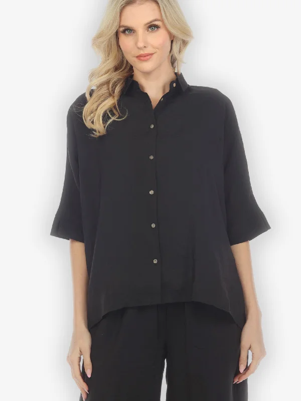 Solid Black Rayon Oversized Blouse Asymmetric Hem Blouse
