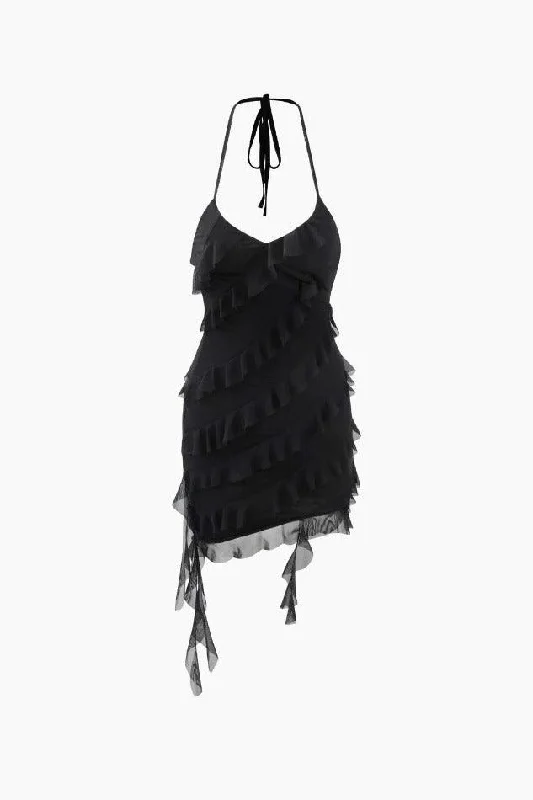 Halter Neck Mesh Ruffle Mini Dress Elegant Lace-Up Mini Dress