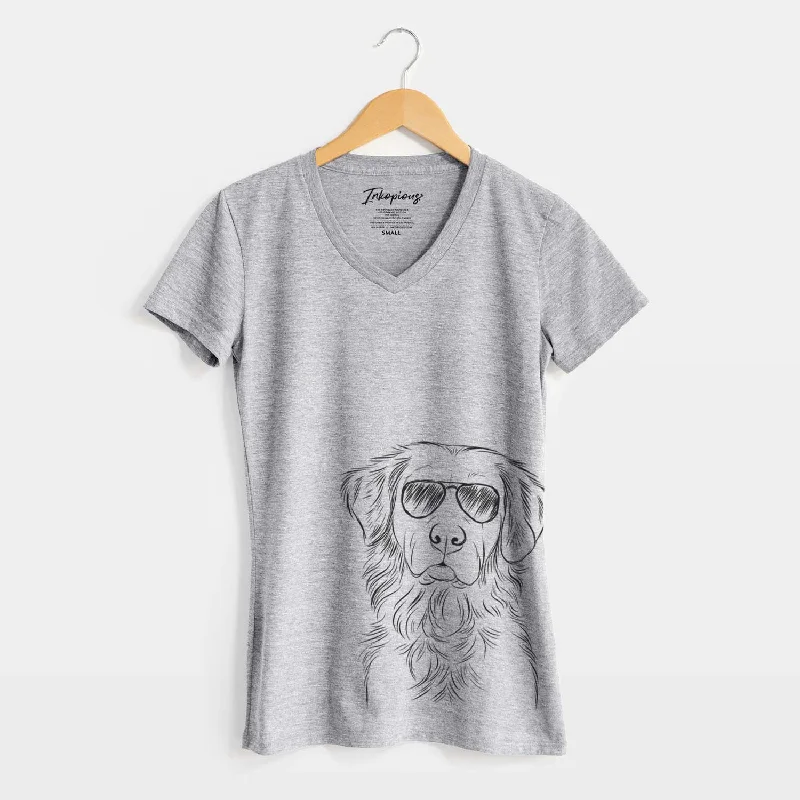 Aviator Linden the Golden Retriever - Women's V-neck Shirt-- Iron Safe Non-Iron Wrinkle Free