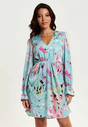 Liquorish Blue Abstract Print Mini Dress With Open Back Trendy Tulle Mini Dress