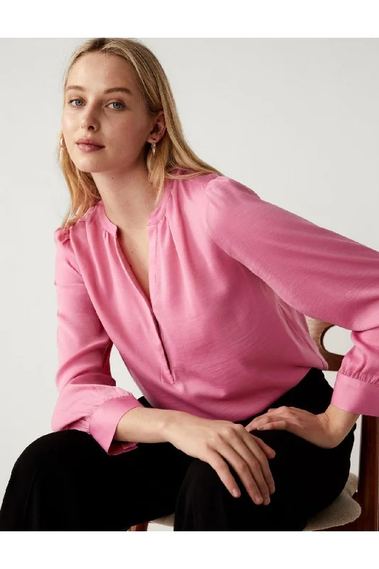 Long Sleeve V Neck Popover Blouse Satin Drape Blouse