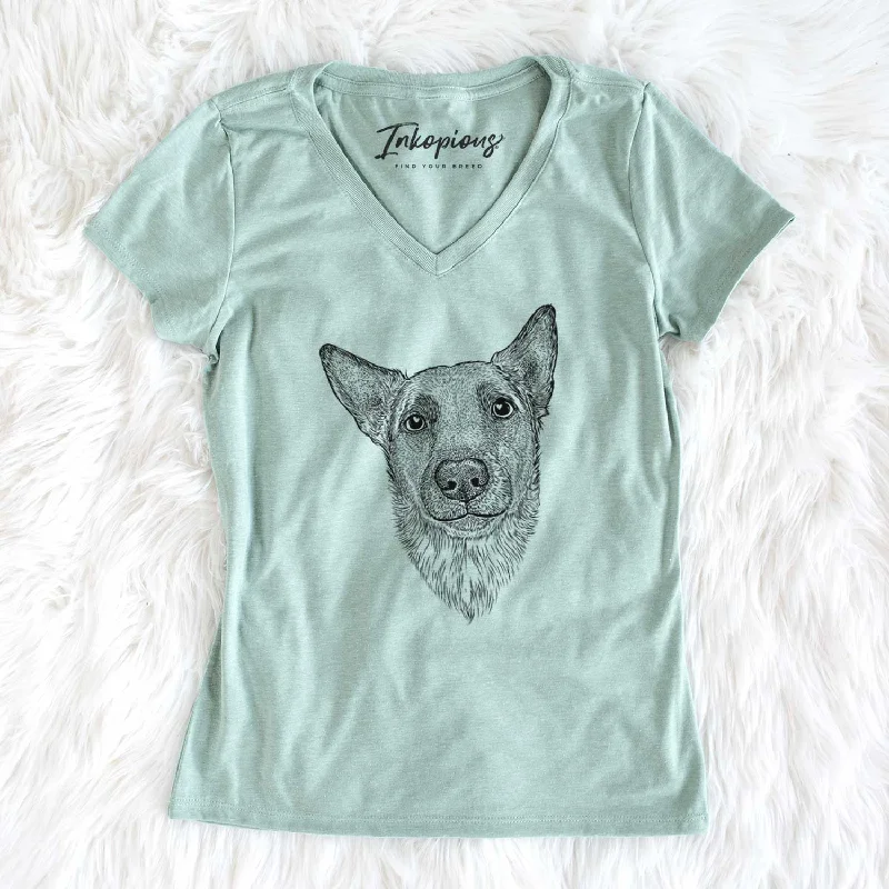 Bare Luna the Shepherd Mix - Women's V-neck Shirt-- Zippered Front Buttoned Front Snap Front