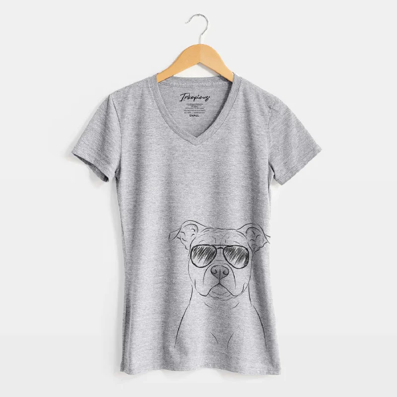 Aviator Jethro the American Staffordshire Terrier - Women's V-neck Shirt-- Zippered Front Buttoned Front Snap Front Aviator Jethro the American Staffordshire Terrier - Women's V-neck Shirt-- Zippered Front Buttoned Front Snap Front