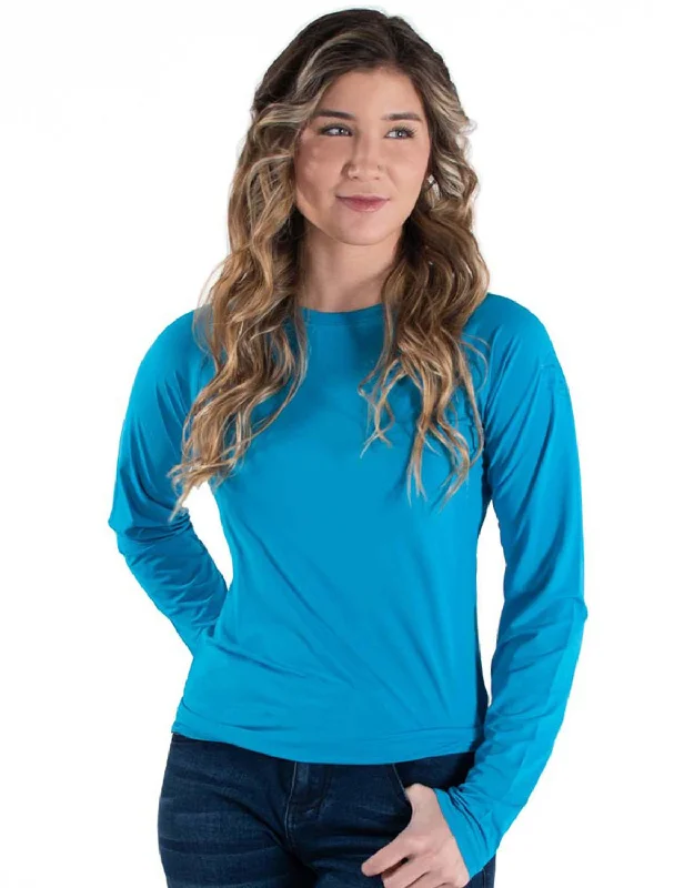 Cowgirl Tuff Womens Cooling UPF Baseball Aqua Nylon L/S T-Shirt-- Sequined Glittery Shiny
