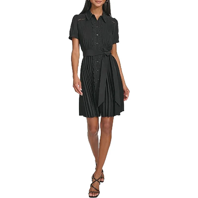 Womens Pleated Lace-Trim Mini Dress Casual High-Waist Mini Dress