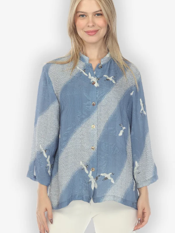Shibori Flying Crane Silk Blouse Peter Pan Collar Blouse