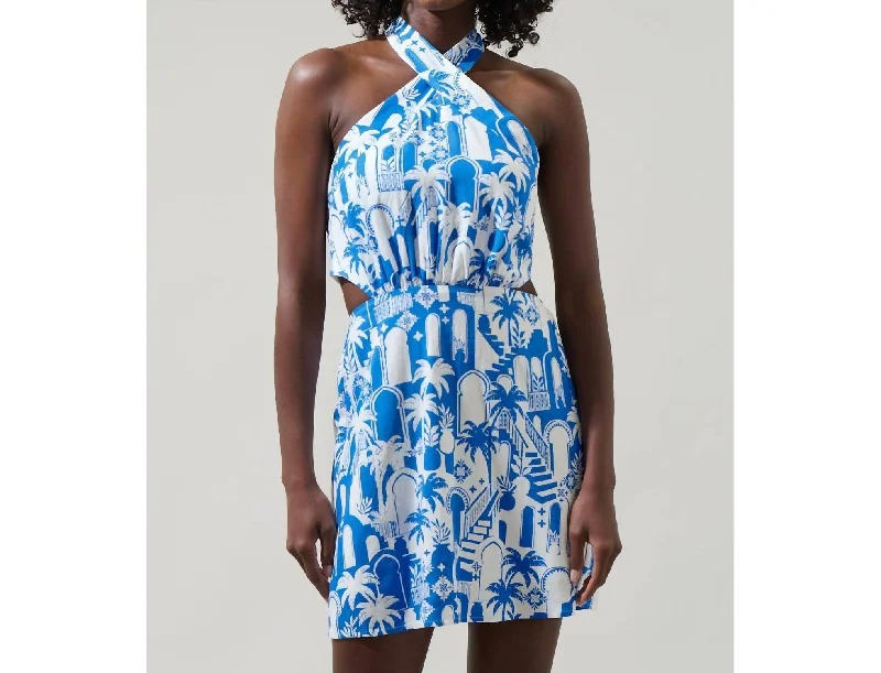 Nala Delta Halter Mini Dress In White-Blue Trendy Mesh Mini Dress