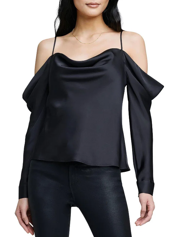 Zion Womens Satin Cold Shoulder Blouse Airy Cotton Blouse