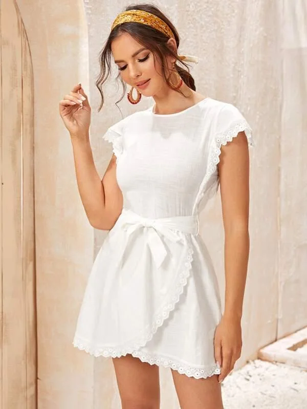 Embroidered Belted Mock Wrap Mini Dress Elegant Silk Mini Dress