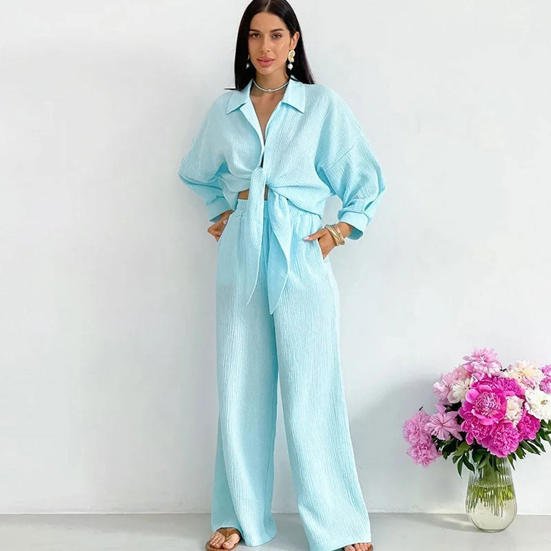 Athflow Tie Front Buttoned Blouse Wide Leg Pants Cotton Gauze Lounge Set Pleated Collar Blouse
