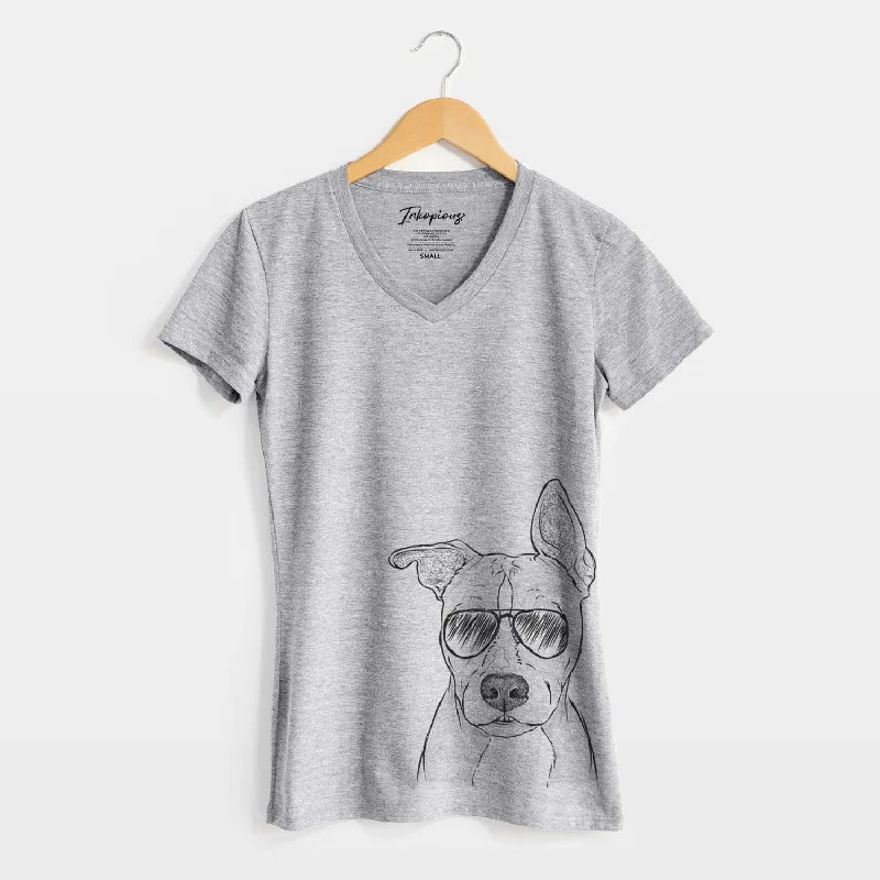 Aviator Kisses the Pitbull - Women's V-neck Shirt-- Anti-Pilling Machine Wash Handmade