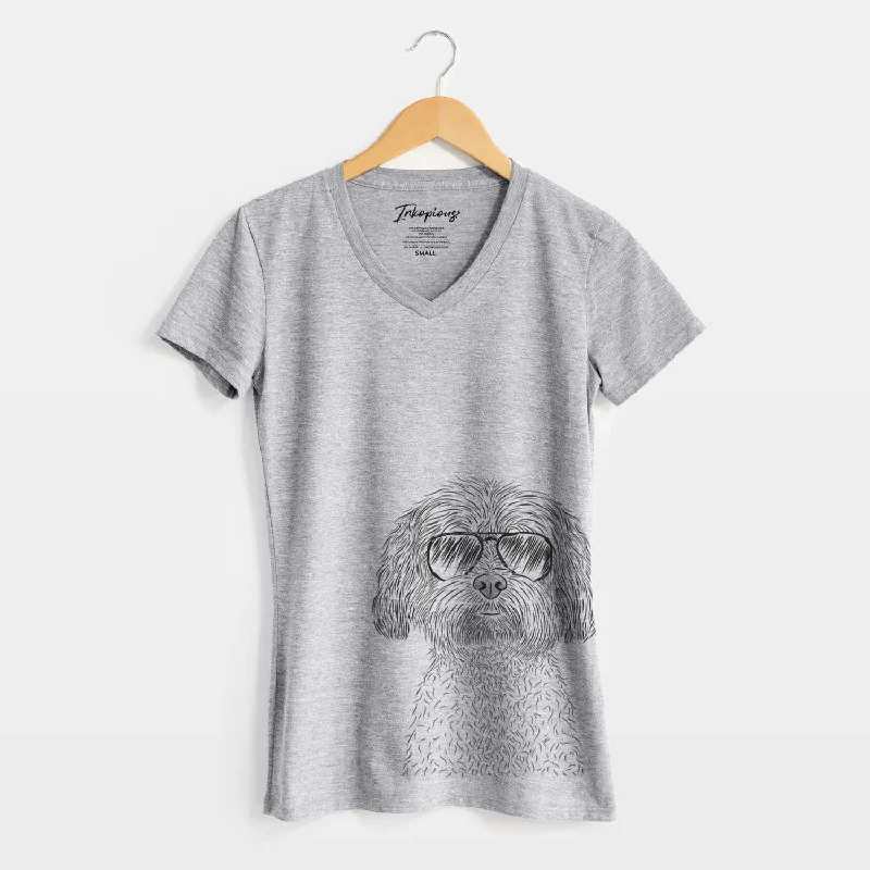 Aviator Lane the Lhasa Apso - Women's V-neck Shirt-- Houndstooth Herringbone Solid