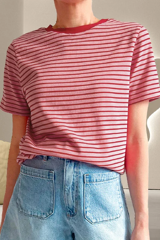 Julianna Striped Round Neck Short Sleeve T-Shirt-- Solid Color Striped Floral