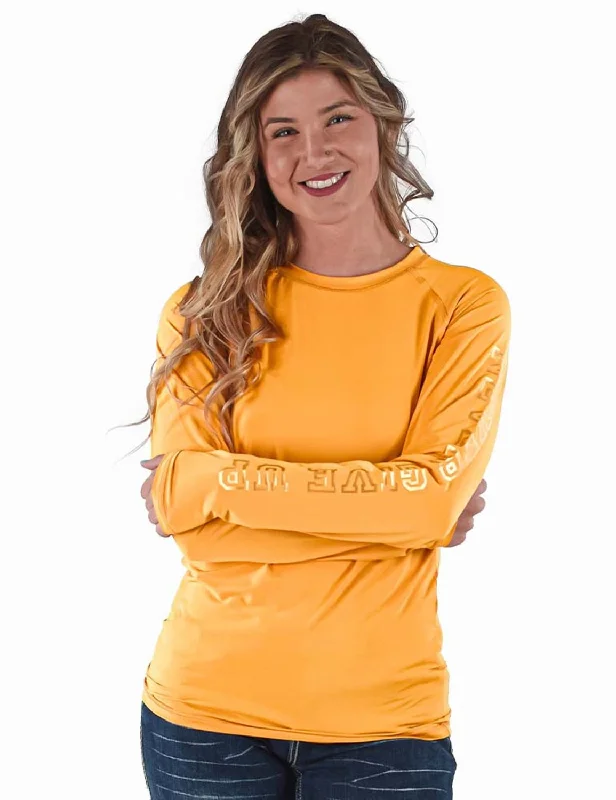 Cowgirl Tuff Womens Breathe Instant Baseball Gold Nylon L/S T-Shirt-- Boxy Fit Fitted Loose