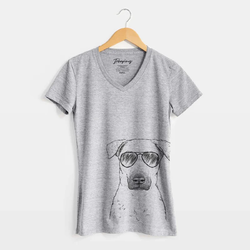 Aviator Luna the Black Mouth Cur - Women's V-neck Shirt-- Jersey Fabric Tulle Fabric Batik Fabric