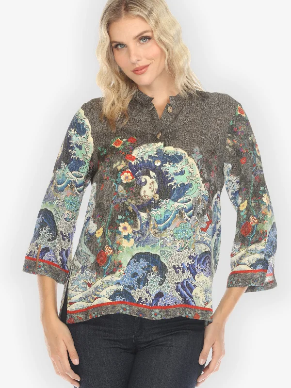 Waves Art in Dark Gray Silk Blouse Embroidered Floral Blouse