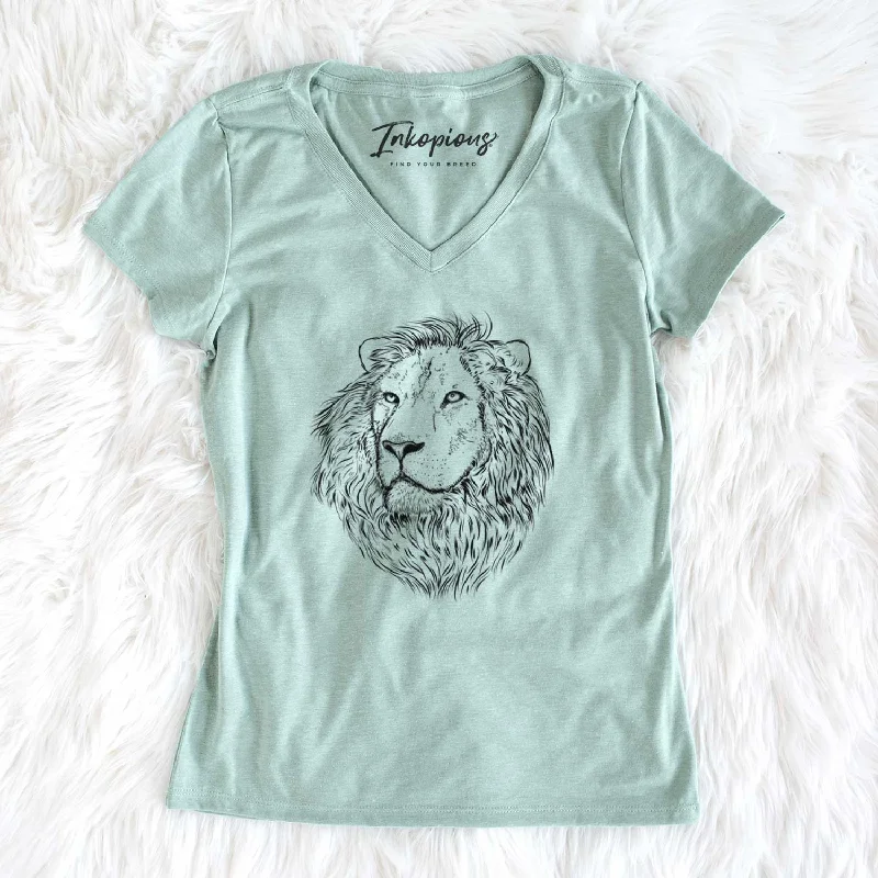 Bare Lenny the Lion - Women's V-neck Shirt-- Chenille Fabric Brocade Fabric Lace Fabric