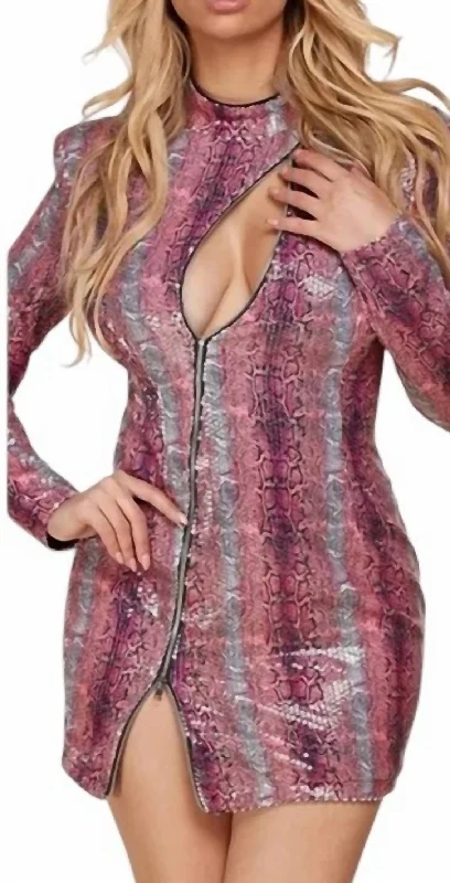 Sequins Snake Print Front Cut Out Mini Dress In Pink Trendy Wraparound Mini Dress