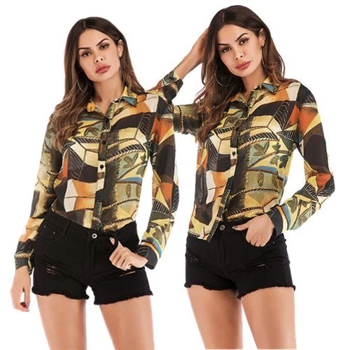 Fashion Print Chiffon Slim Spring Summer Women Blouses Slim Fit Blouse