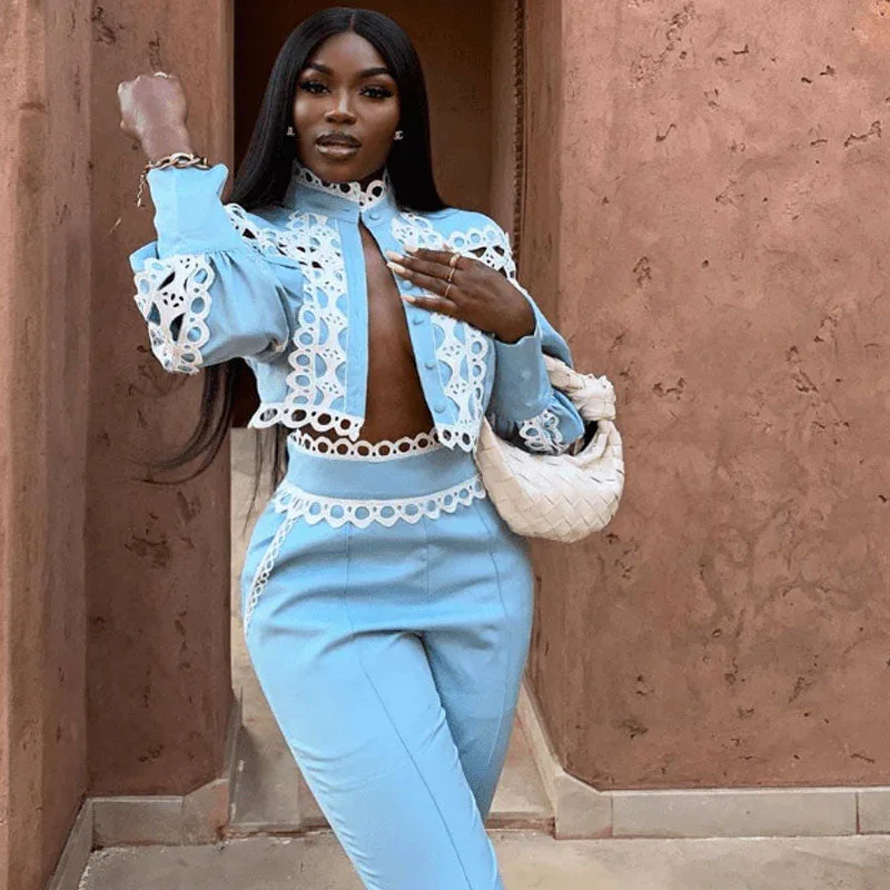 Elegant Scalloped Trim High Neck Cutout Crop Blouse High Waist Pant Matching Set Elegant Peplum Blouse