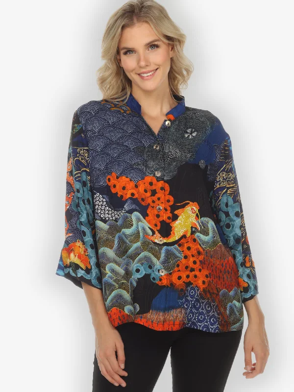 Royal Koi Pond Citron Style Silk Blouse Boho Chic Blouse