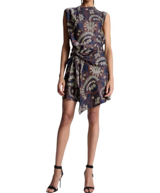 Dion Printed Mini Dress In Navy/cream Comfortable Smocked Mini Dress