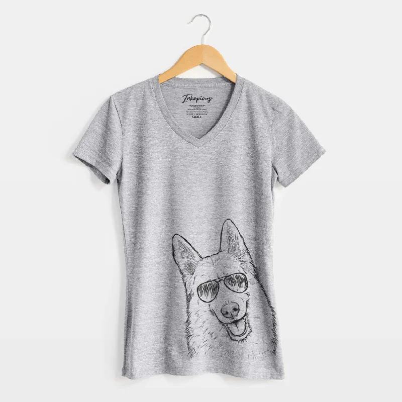 Aviator Loki the Husky Shepherd Mix - Women's V-neck Shirt-- Ribbed T-Shirt High Neck Heavyweight