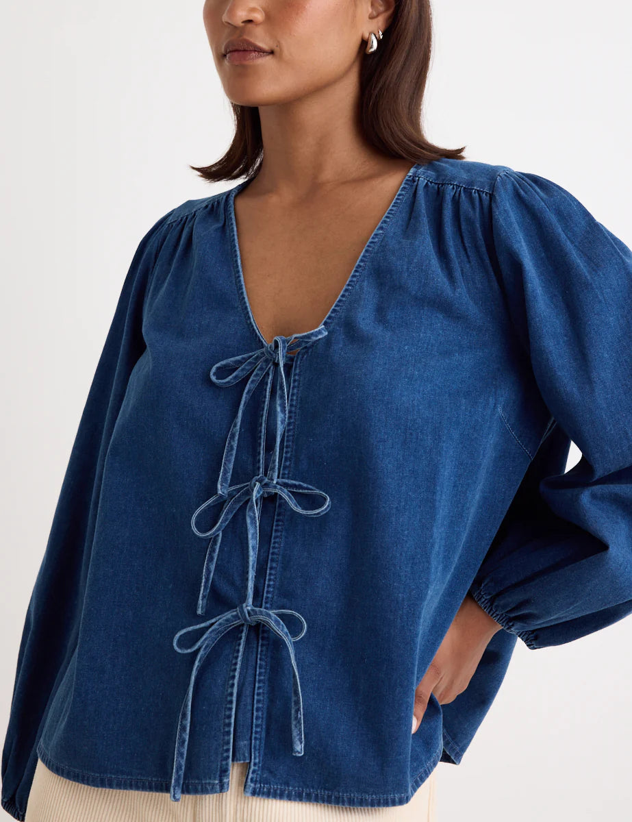 Denim Tie Front Bernadetta Blouse Peter Pan Blouse