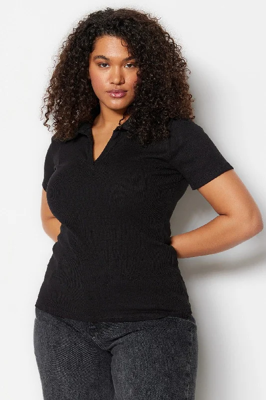 Black Fit Knitted Pond Collar Blouse TBBSS22BZ0750 Balloon Sleeve Blouse