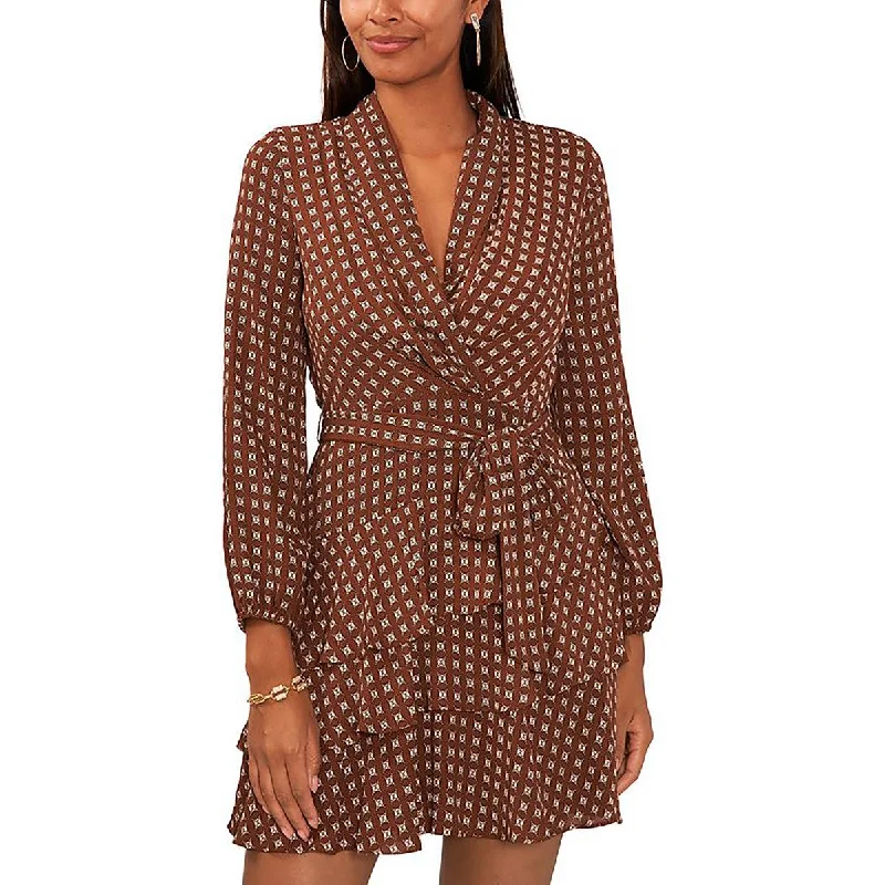 Womens Printed Shawl-Collar Mini Dress Comfortable Wrap Mini Dress
