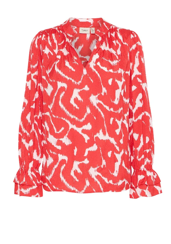 Fransa Dotte Printed Woven Blouse, Red Mandarin Collar Blouse