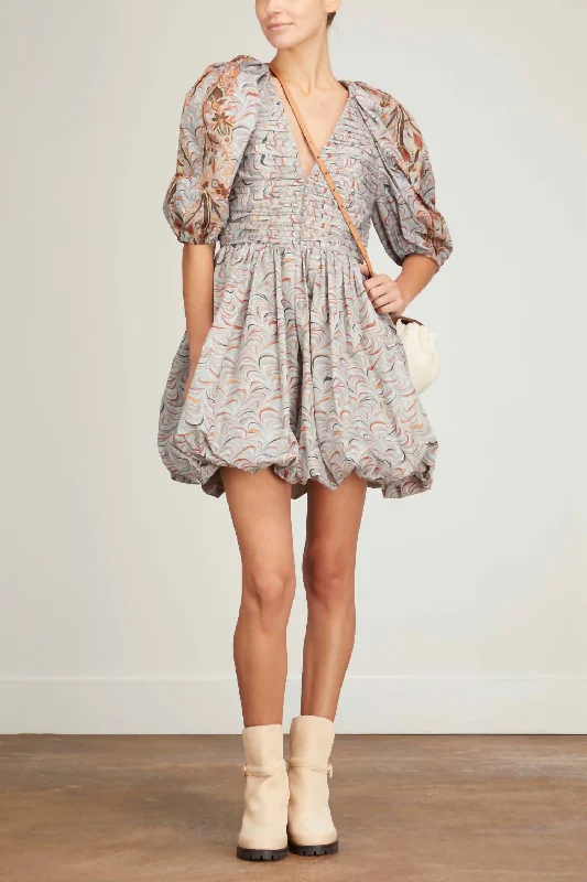 Gwen V-Neck Puff Sleeve Pleated Mini Dress In Chalcedony Elegant Vintage Mini Dress