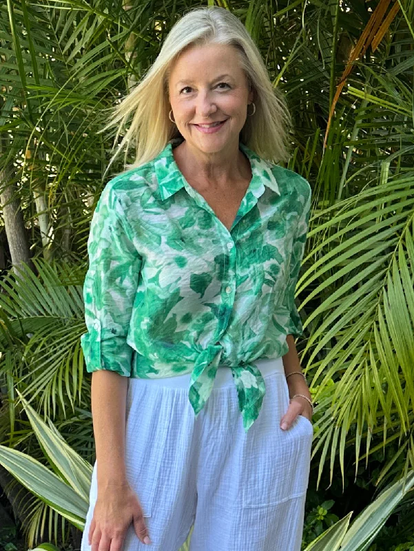 Palm Springs Printed Shirt - Green-- Fitted T-Shirt Seamless Stretchy
