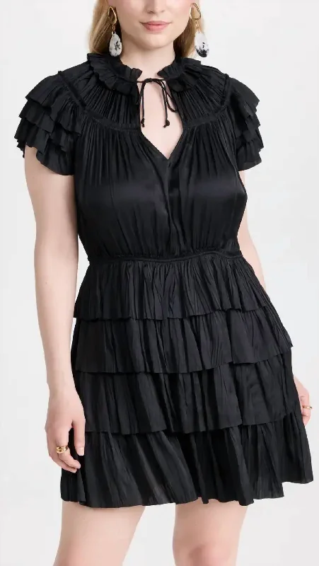 Vesna Pleated Mini Dress In Noir Black Comfortable Polka Dot Mini Dress