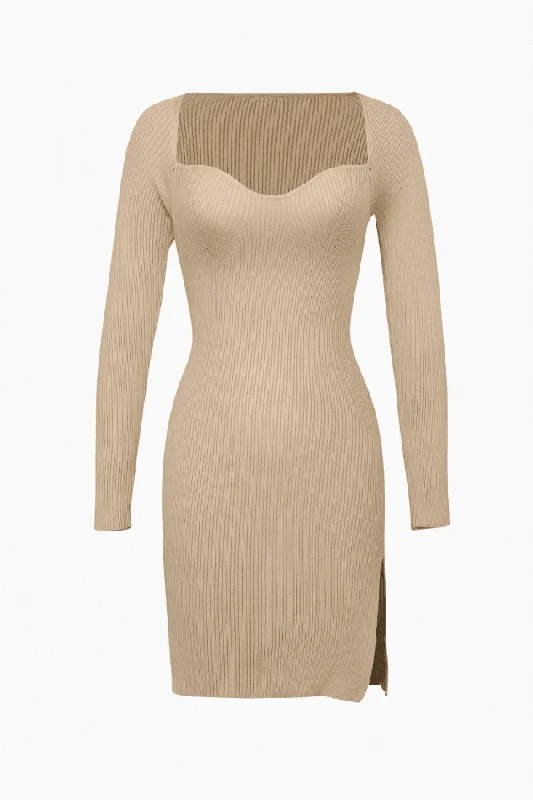 Sweetheart Neckline Slit Knitted Mini Dress Elegant Off-Shoulder Dress Mini