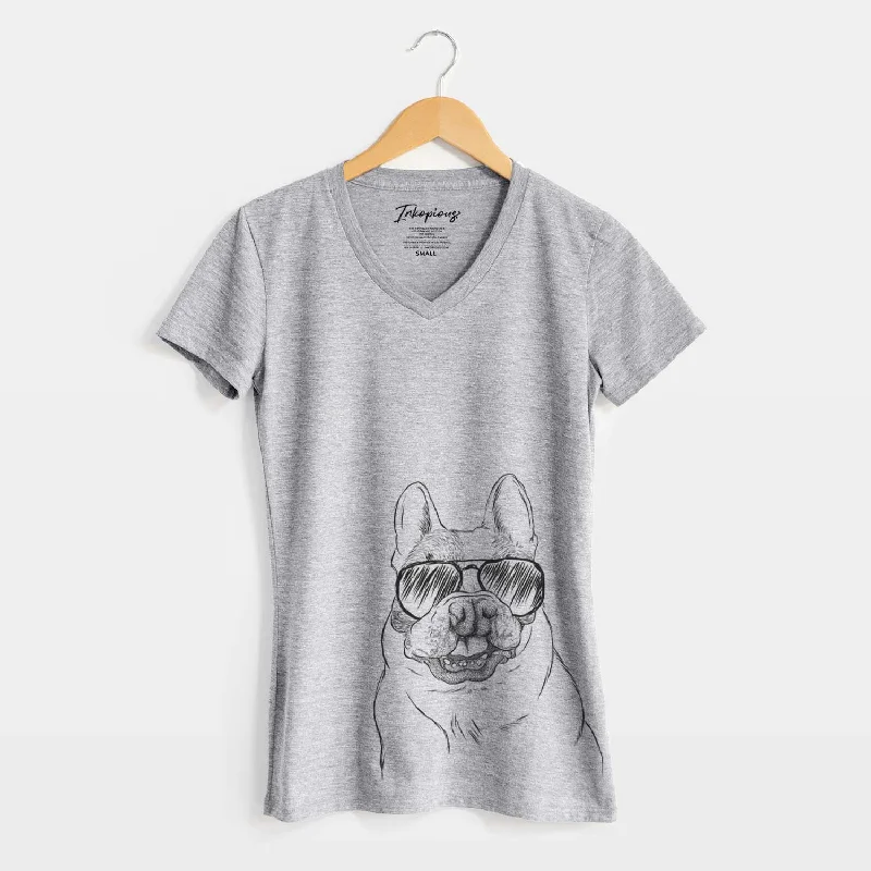 Aviator Lentil the French Bulldog - Women's V-neck Shirt-- Denim Fabric Leather Fabric Suede Fabric