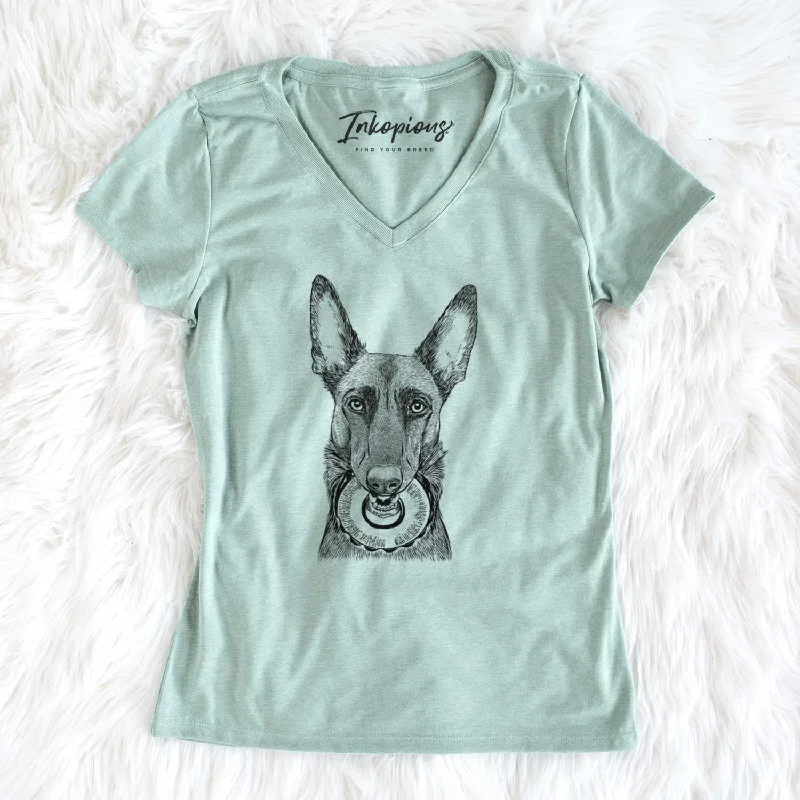 Bare Juno the Belgian Malinois - Women's V-neck Shirt-- Thin T-Shirt Open Front Quick Dry