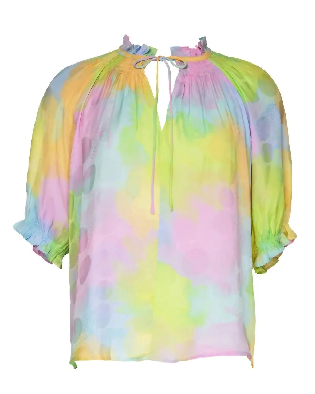 Women's Ruffled Puff Sleeve Blouse In Cotton Candy Collared Satin Blouse
