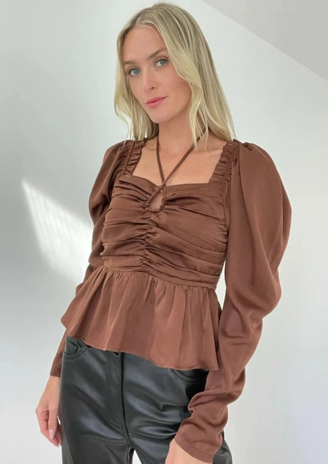 satin ruched long sleeve blouse Soft Modal Blouse
