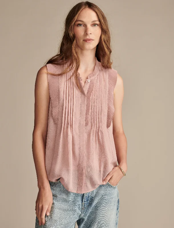Lucky Brand Women's Sleeveless Pintuck Blouse Embroidered Cotton Blouse