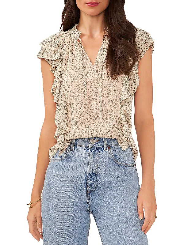 Womens Printed Chiffon Blouse Embroidered Floral Blouse