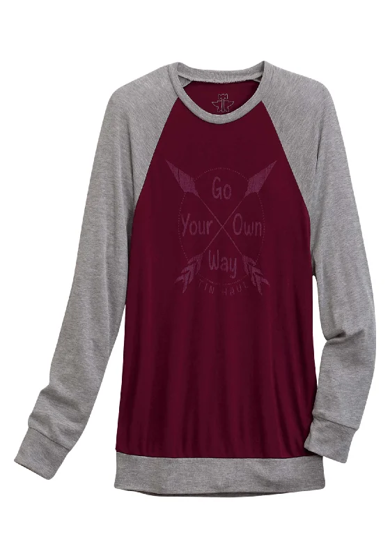 Tin Haul Womens Go Your Own Way Wine Cotton Blend L/S T-Shirt-- Satin Blend Silk Blend Wool Blend