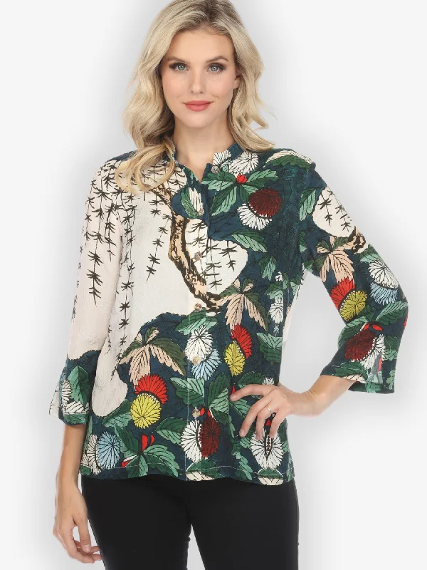 Umbrella Flowers Silk Blend Blouse Embellished Collar Blouse