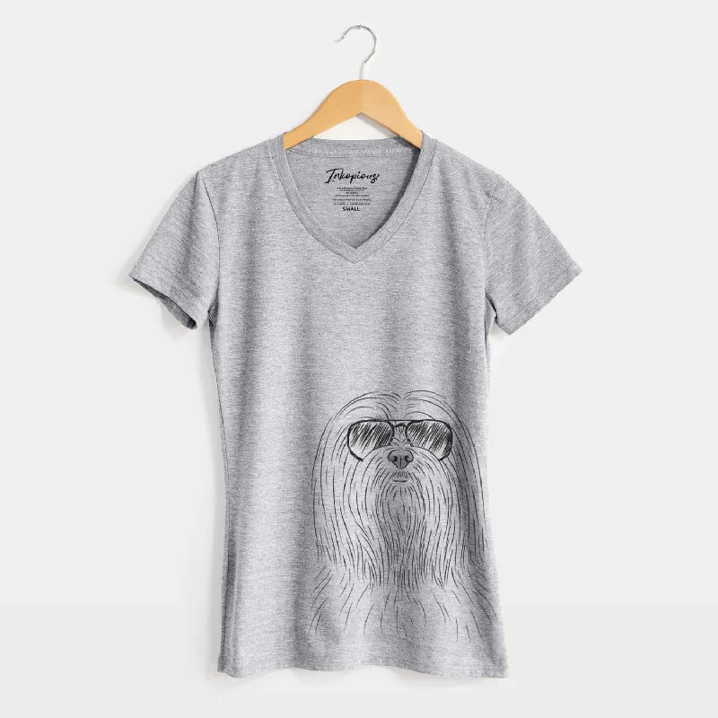 Aviator Lorenzo the Lhasa Apso - Women's V-neck Shirt-- Welt Pockets Slit Pockets