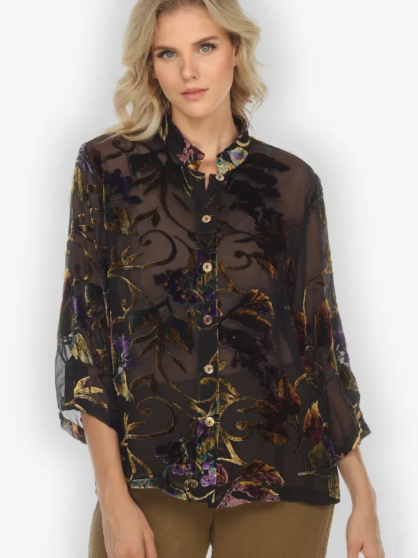 Gold Leaf and Flower Velvet Blouse Soft Pastel Blouse