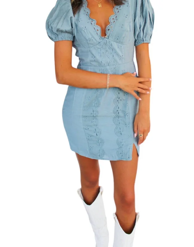 Chic Avenue Eyelet Mini Dress In Teal Comfortable Linen Mini Dress