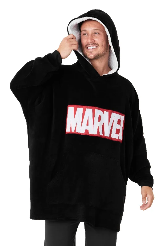 Marvel Hoodies For Men, BLACK Fleece Oversized Hoodie Blanket, Avengers Gifts for Men Hoodie with Hem Patch Decorative Personalized